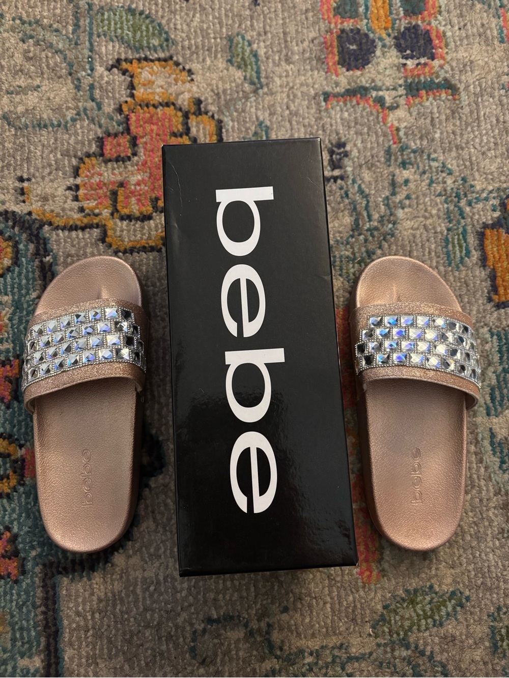 bebe Rose Gold Slide Sandals with Iridescent Crystal Straps